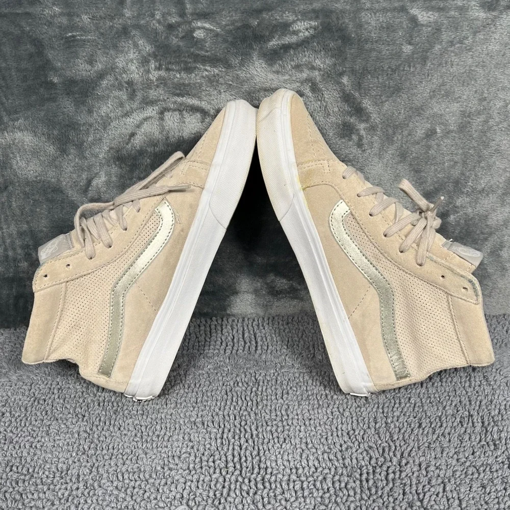 Vans Sk8-Hi Slim Beige Tan Suede Metallic Silver Stripe High Top Sneakers 8.0